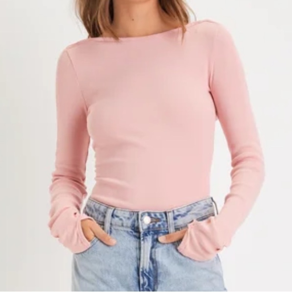 Light Pink Ribbed Knit Backless Long Sleeve Top - Free People